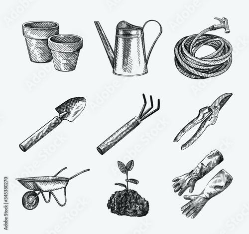 Hand-drawn sketch set of Gardening tools and equipment. Pruning Shears, Watering can, hose; Digging Shovel; Digging Fork; Wheelbarrows; plant with leaves growing in the ground