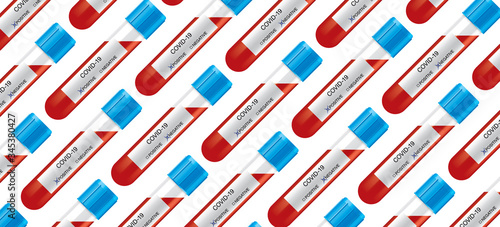 COVID-19 blood test tubes pattern. Laboratory glass capsules with white information labels. Virus infection tests, with positive and negative analysis answers. Corona virus vector medical background.