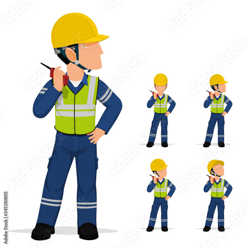 Set of worker is talking with the walkie-talkie.