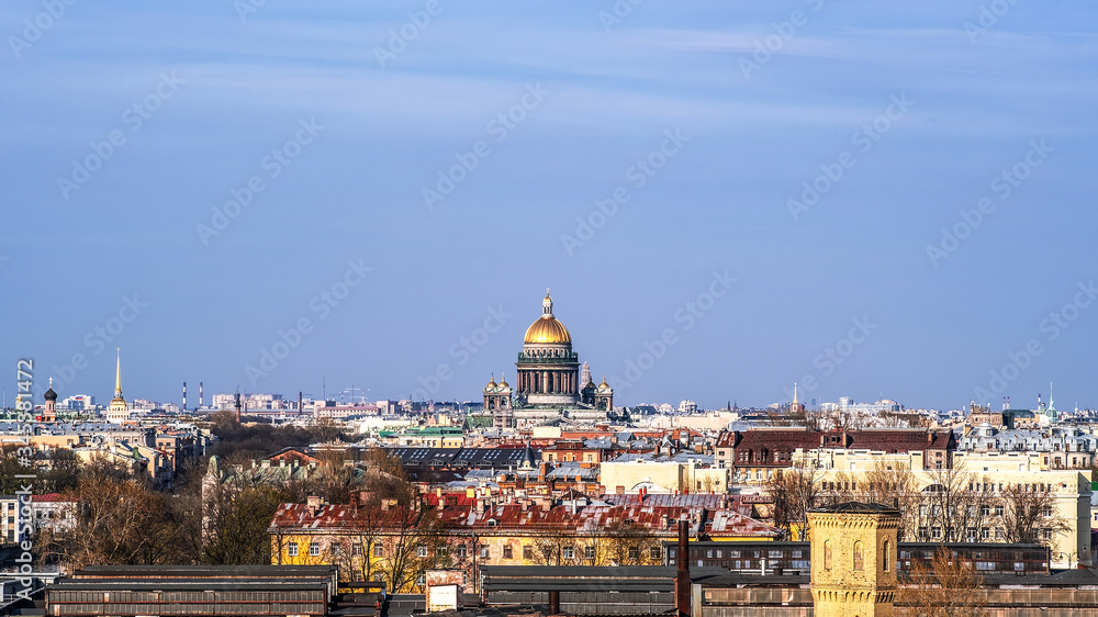 Urban panoramic landscape. View of the old city over the roofs. Saint Petersburg is a city on the Neva river.