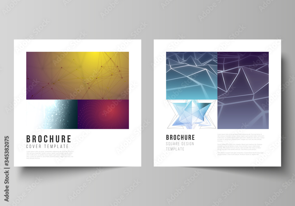 Minimal vector layout of two square format covers design templates for brochure, flyer, magazine. 3d polygonal geometric modern design abstract background. Science or technology vector illustration.