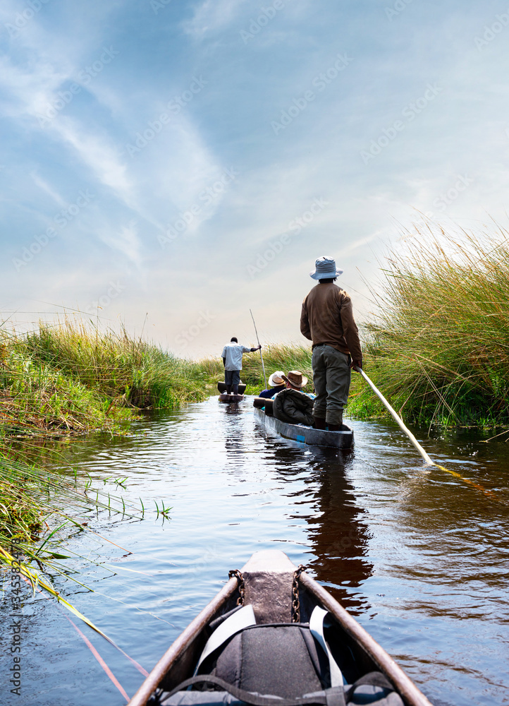 Naklejka premium Boat trip in a traditional Makoro at the Okavango Delta, Botswana
