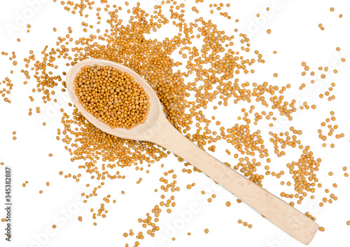 Mustard seeds on white background, isolated, top view