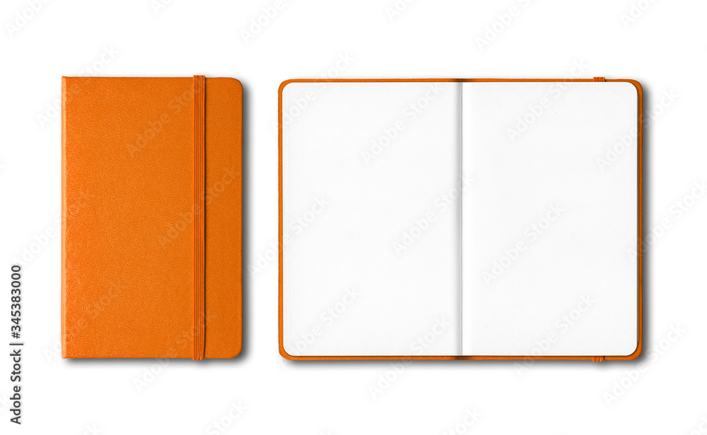 Orange closed and open notebooks isolated on white - obrazy, fototapety, plakaty 
