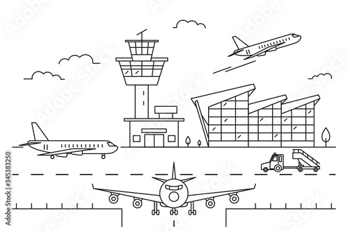 Airport Landscape Scene Black Linear Style. Vector