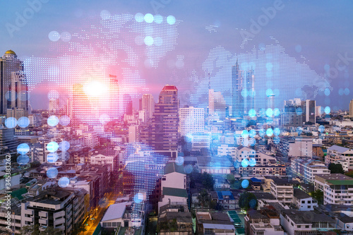 Wallpaper Mural Multi exposure of Bangkok cityscape sunrise background and world map hologram. Concept of media networking. Torontodigital.ca