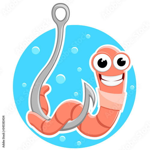 Worm on a metal hook smiles. Character. Fishing