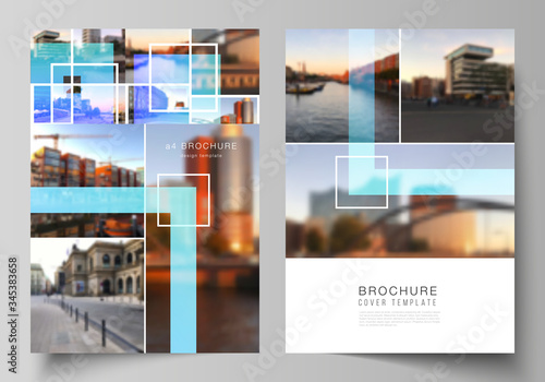 The vector layout of A4 format modern cover mockups design templates for brochure, magazine, flyer, booklet, annual report. Creative trendy style mockups, blue color trendy design backgrounds.