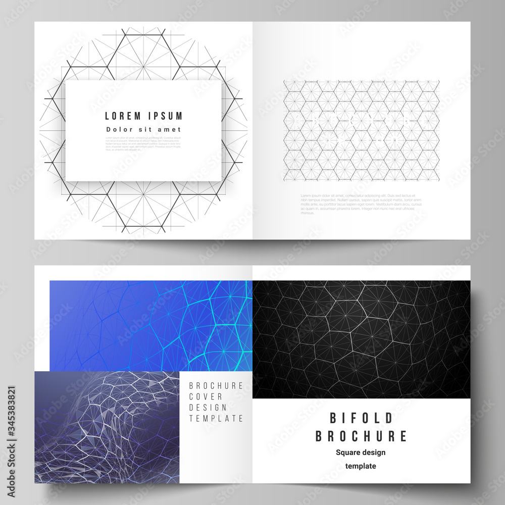 Vector layout of two covers templates for square design bifold brochure, flyer. Digital technology and big data concept with hexagons, connecting dots and lines, polygonal science medical background.