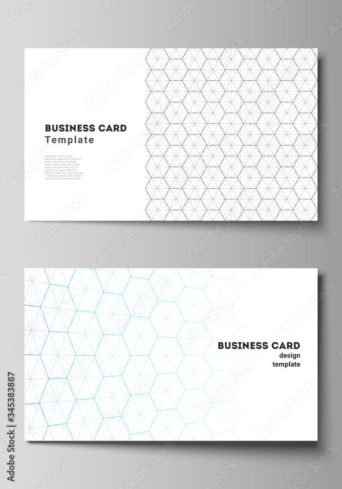 Vector illustration layout of two creative business cards design templates. Digital technology and big data concept with hexagons, connecting dots and lines, polygonal science medical background.