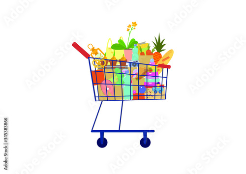 Supermarket shopping cart filled with purchases .  Flat vector design isolated on blue background.