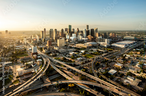 Houston city, aerial shot at sunset