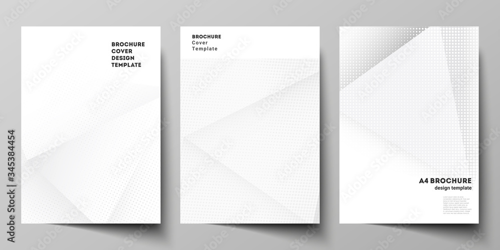 Fototapeta premium Vector layout of A4 cover mockups design templates for brochure, flyer layout, cover design, book design, brochure cover. Halftone dotted background with gray dots, abstract gradient background.