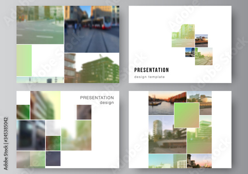 Vector layout of the presentation slides design business templates, multipurpose template for presentation brochure, brochure cover. Abstract project with clipping mask green squares for your photo.