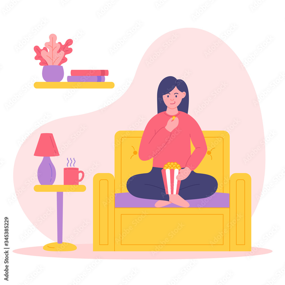 Stay home concept illustration. Women watching TV or watching movies. Self isolation, quarantine due to coronavirus. Vector illustration.