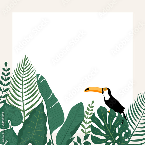 Trendy banner with tropical leaves,Toucan bird and space for text. Concept design for summer sale advertising. Vector background.