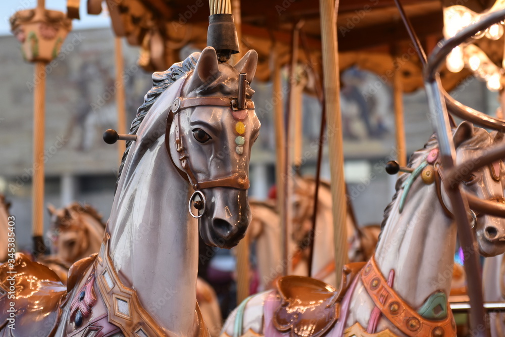 Close up of a Carousel horse placed in the center of Tirana, Albania.