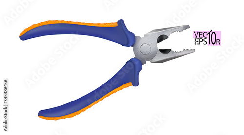 Realistic pliers with plastic handles isolated on white background. Hand tools for repair and construction. Vector illustration.