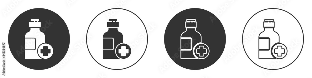 Black Bottle of medicine syrup icon isolated on white background. Circle button. Vector Illustration Black Bottle of medicine syrup icon isolated on white background. Circle button. Vector Illustration