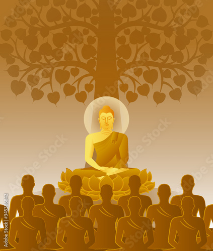 beautiful Vector of Lord of golden Buddha Enlightenment mediating sitting on lotus flower under the Bodhi three with crowd of monk for Makha, Visakha, Asarnha Bucha, Visak and buddhist lent day  photo