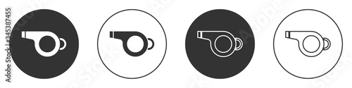 Black Whistle icon isolated on white background. Referee symbol. Fitness and sport sign. Circle button. Vector Illustration