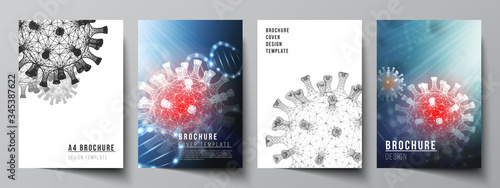 Vector layout of A4 cover mockups templates for brochure, flyer layout, booklet, cover design, book design. 3d medical background of corona virus. Covid 19, coronavirus infection. Virus concept.