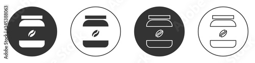 Black Coffee jar bottle icon isolated on white background. Circle button. Vector Illustration