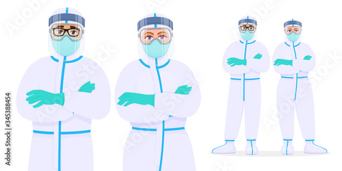 Medical doctors in protective suits, goggles and masks. Physician standing and keeping arms crossed. Team of surgeons covering with coverall (PPE). Corona virus outbreak illustration in cartoon style.