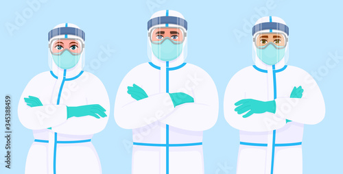 Team of doctors in protection suit, face shield, mask and goggles. Group of medical staff with personal protective equipment. Surgeons covering with safety coverall. Corona virus epidemic outbreak.