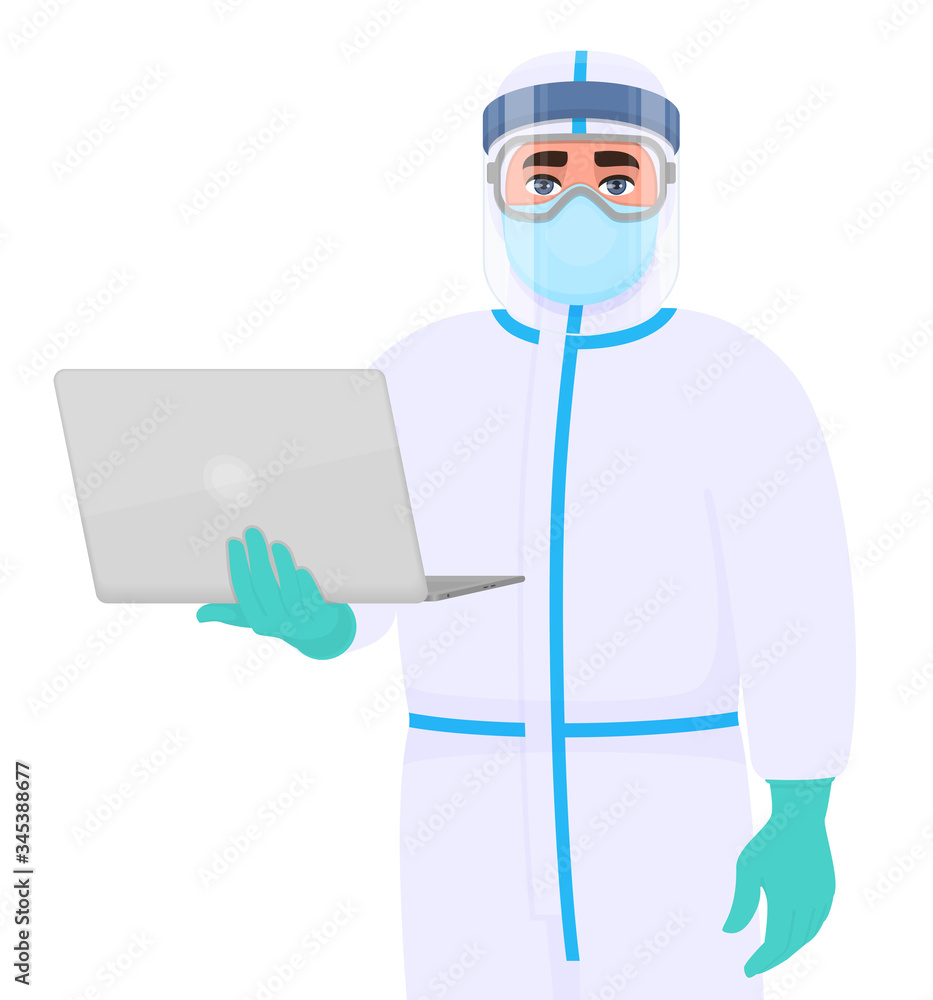 Doctor in safety protection suit, medical mask, glasses and face shield holding laptop computer. Physician or surgeon wearing personal protective equipment (PPE). Corona virus epidemic outbreak. Doctor in safety protection suit, medical mask, glasses and face shield holding laptop computer. Physician or surgeon wearing personal protective equipment (PPE). Corona virus epidemic outbreak.
