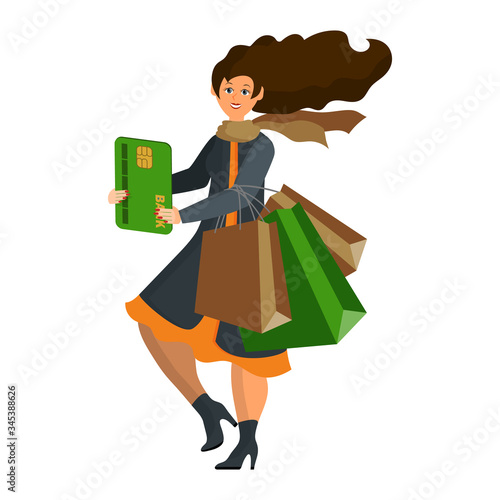 Woman is credit card holder, customer of bank is shopping at sale and paid for purchases with card