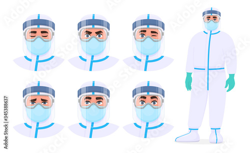 Set of male doctor facial expression with safety protective suit, mask, glasses and face shield. Physician or surgeon wearing PPE. Collection of medical scientist emotions. Cartoon illustration vector