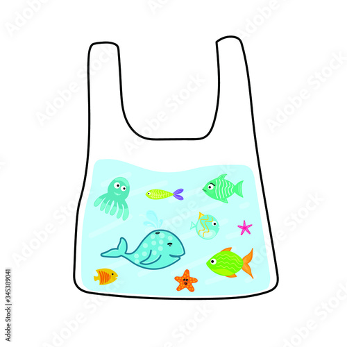 plastic bag with fish. Ocean with fish and marine inhabitants in a plastic bag. Whale, fish, starfish, octopus in the water. Stop
disposable plastic