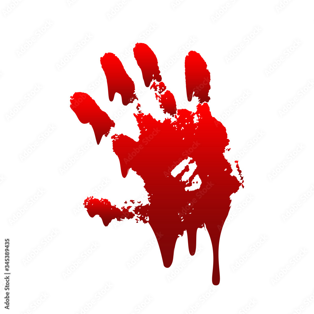 Bloody hand print 3D isolated white background. Horror scary drip blood