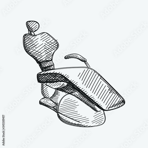 Hand-drawn sketch of dental chair on a white background. Dental instruments. Dentistry tools and equipment. Stomatology attributes