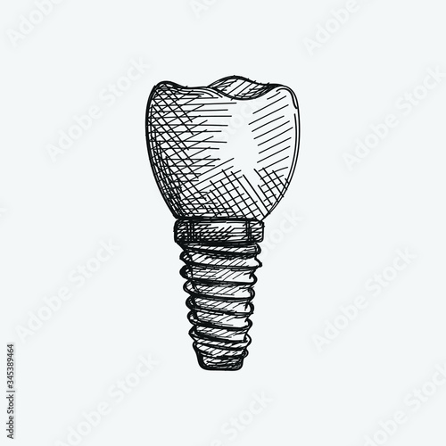 Hand-drawn sketch of tooth on a tooth implant on a white background. Dental instruments. Dentistry tools and equipment. Stomatology attributes