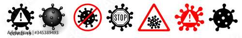 Coronavirus 2019-nCoV. Corona virus icons warning set. Signs isolated white background. Stop pathogen respiratory infection. Bacteria influenza pandemic Corona-virus prevention. Vector illustration