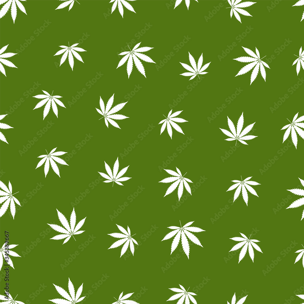 Cannabis seamless pattern. Marijuana leaf, white weed plant. Hashish texture, isolated green background. Hemp psychedelic grass. Fabric print for medical wallpaper. Simple design Vector illustration Cannabis seamless pattern. Marijuana leaf, white weed plant. Hashish texture, isolated green background. Hemp psychedelic grass. Fabric print for medical wallpaper. Simple design Vector illustration