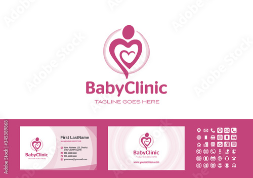 Pregnancy and prenatal care. Baby And Child Clinic. Mother and love, happy mothers day, mom heart care logo with business card template vector