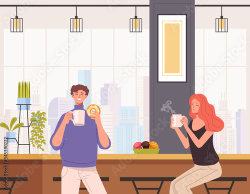 People friends characters taking break and drink coffee and eating sweet food in coffee bar. Vector flat graphic design cartoon illustration