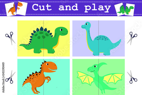 Education Game "Cut and play" with funny dinosaurus. Vector illustration for children's magazines and preschool institutions Educational game for preschool kids. Vector illustration. © Kateryna