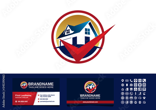 House and check-mark logo business card template vector