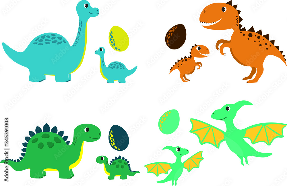 Obraz premium Set of funny dinosaurs for print. Adult, baby, egg. Vector template for design T-shirts. Fashion graphic for apparel. Character image dino for children's magazines and preschool institutions. Dinosaur