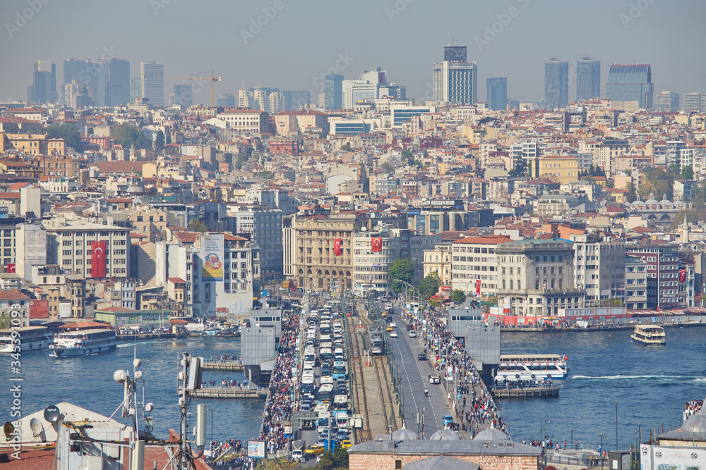 Beyoglu district historical architecture Galata bridge and Galata tower medieval landmark in Istanbul