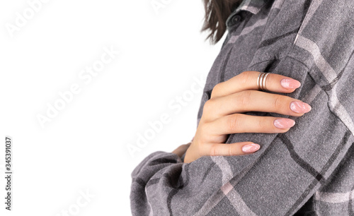 Womans hands with trendy marble manicure with copy space