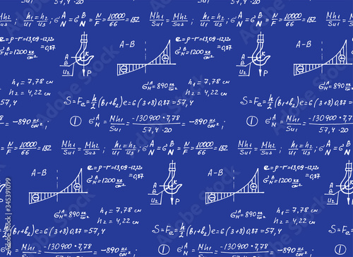 Structural mechanics diagrams. Physics mathematical formula equation, doodle handwriting icon in blueprint background with hand drawn model, create by vector. Retro seamless pattern.