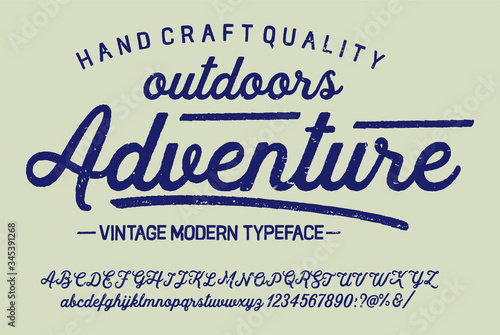 "Adventure outdoor" hand drawn  calligraphy display typeface on light background for projects,logotypes and headlines.Outdoor poster advertising inspired font.Letters and numbers.Vector illustration.