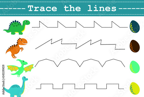 Trace line worksheet for kids with funny dinosaurus and eggs. Practicing fine motor skills. Educational game for preschool kids. Vector illustration.