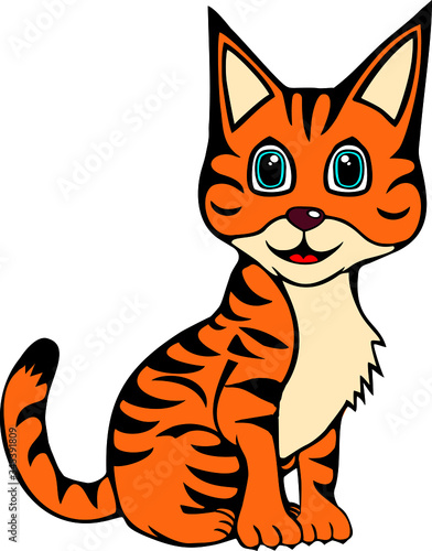 Cute redhead striped kitten sitting smiling on a white background. Cute animal in cartoon style. Vector illustration.