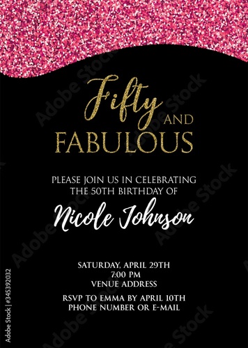 Fifty and Fabulous. Birthday party vector printable invitation card with golden glitter elements.